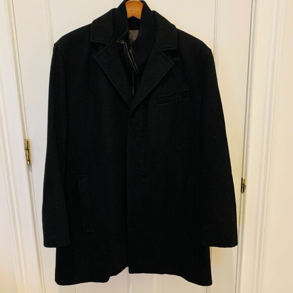 Cole Haan Men's Black Wool-blend Contrast-bib Car Coat Large - Picture 14 of 16
